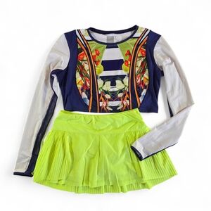 LUCKY IN LOVE Pleated Tennis Skirt + Matching Long Sleeve Top S M Neon Floral